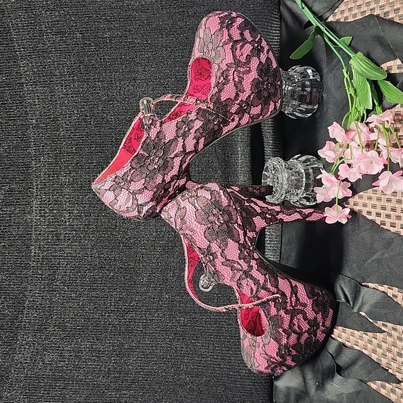 Sz 9 Pink & Black lace Bordello heels - Picture 6 of 6